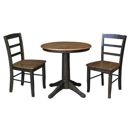 International Concepts 30 in. Round Pedestal Dining Table with 2 Madrid LadderBack Chairs - 3 Piece Dining Set K45-30RT-27B-C2-2
